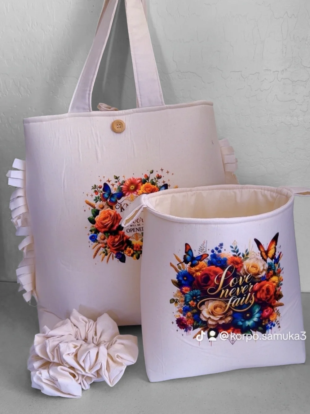 Cream Floral Tote Bag Set - Love Never Fails